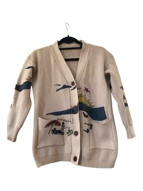 Mori Girl Coastal Cardigan Sweater Whimsical Beach Sun Graphic Cottagecore M